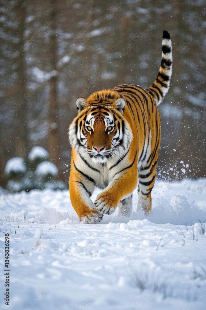 Obraz premium there is a tiger running through the snow in the woods