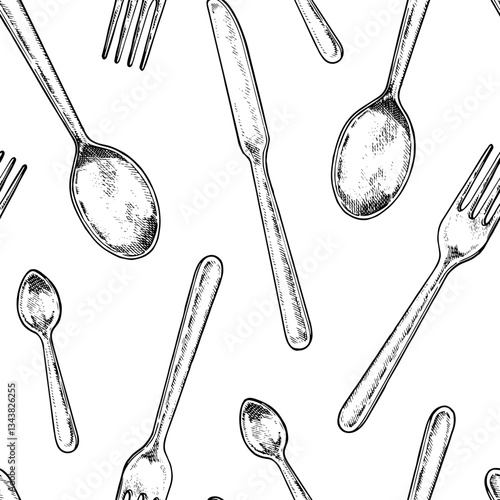 Seamless vintage vector pattern of hand drawn flatware in black and white. Elegant engraving style illustration featuring spoons and forks. Perfect for dining themed textiles and kitchen designs