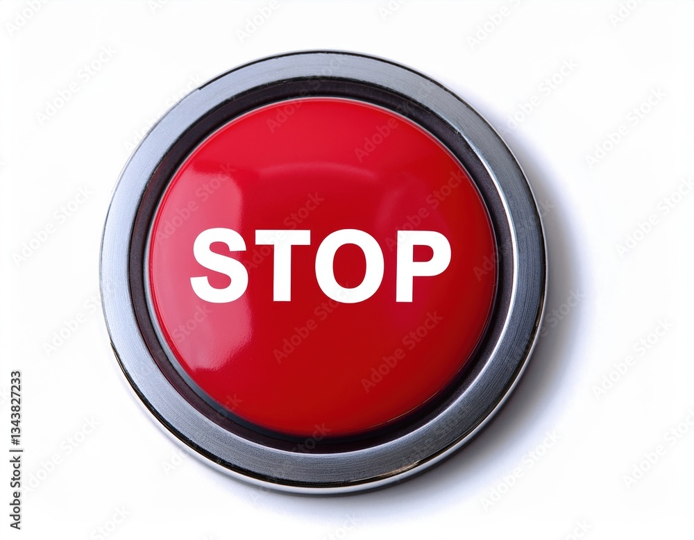 Close-up of red stop button with bold white text Close-up of red stop button with bold white text