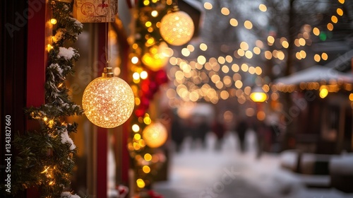 Sparkling Christmas Ornaments with Bokeh Background in Winter Scene