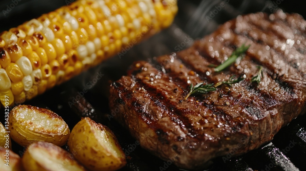 Steak on Grill with Potatoes and Corn Steak on Grill with Potatoes and Corn