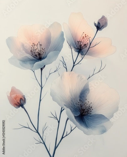 Watercolor wildflower bouquet with pink and yellow flowers, garden leaves and branches, botanical illustration