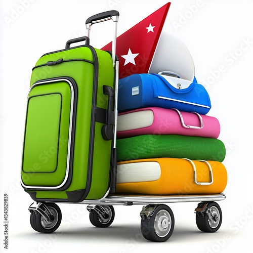 Lime Green Suitcase on Luggage Cart with Colorful Books and Red Flag