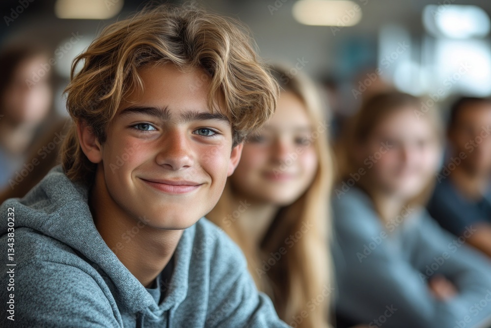 Portrait of happy college female student with notebook in vibrant classroom with classmates smiling engaged in learning Portrait of happy college female student with notebook in vibrant classroom with classmates smiling engaged in learning
