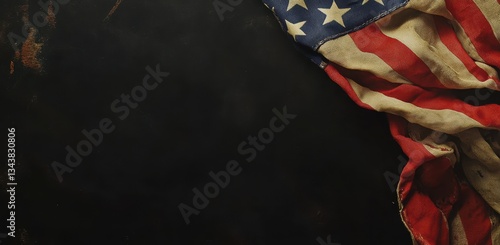 Worn American flag against a dark, textured background.