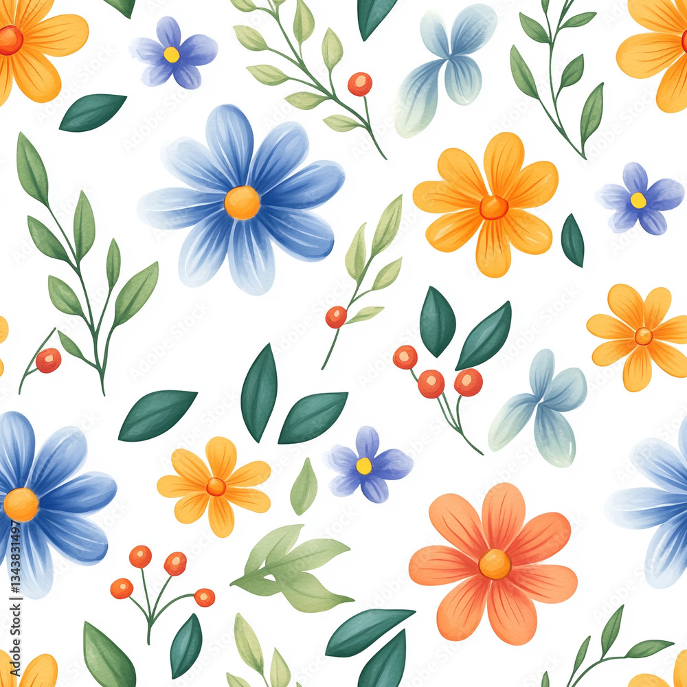 Fototapeta premium seamless pattern Colorful flowers and leaves on white background