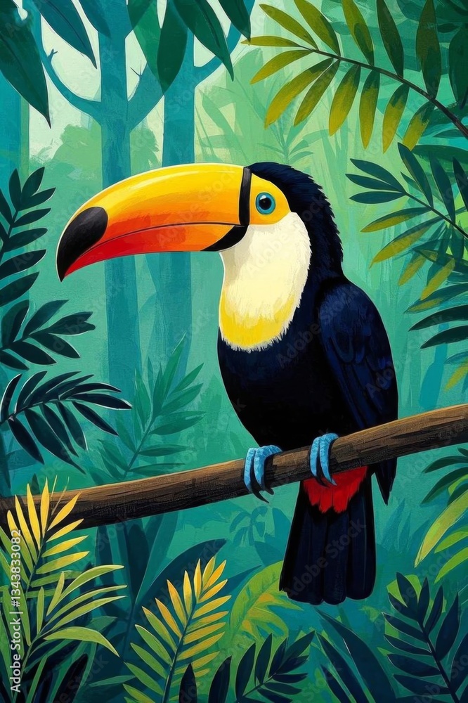 Obraz premium painting of a toucan perched on a branch in a tropical forest