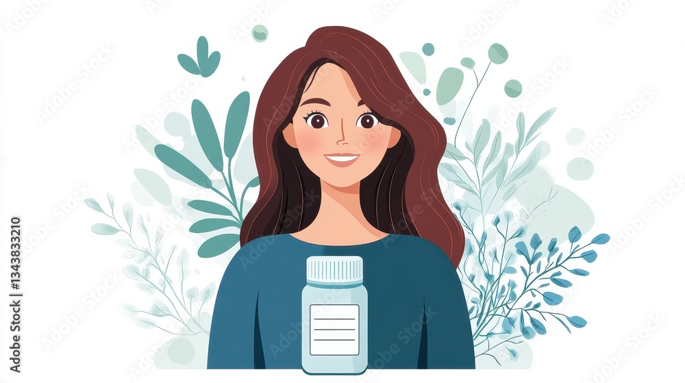 Woman holding medicine bottle, nature background, healthcare Woman holding medicine bottle, nature background, healthcare