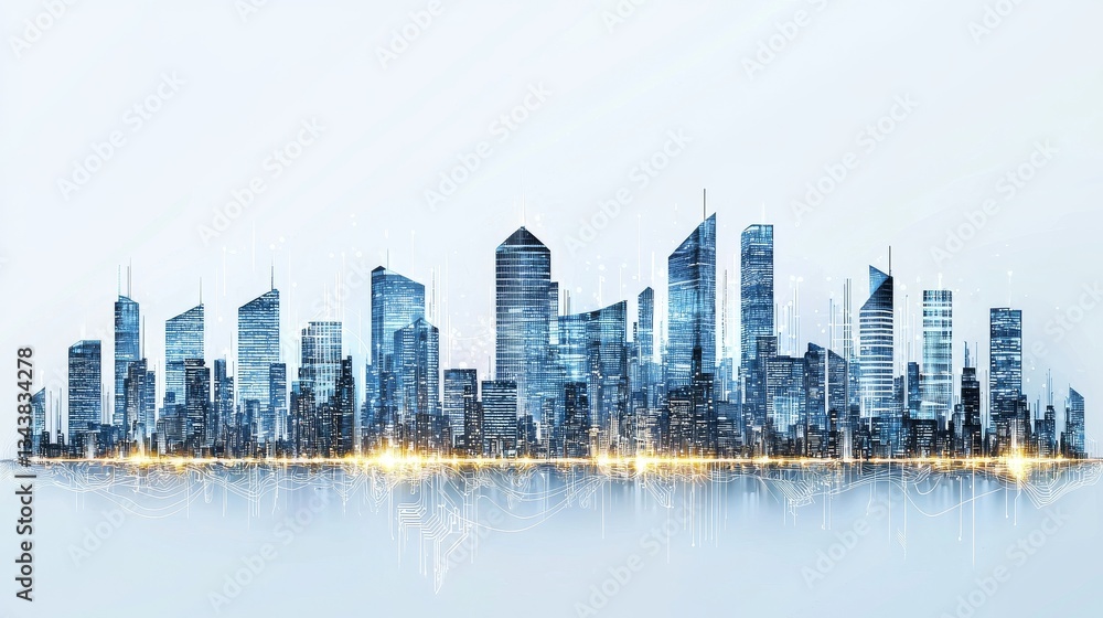 Fototapeta premium The cityscape is characterized by its high-tech features, illuminated with a blue glow and linked by digital connections