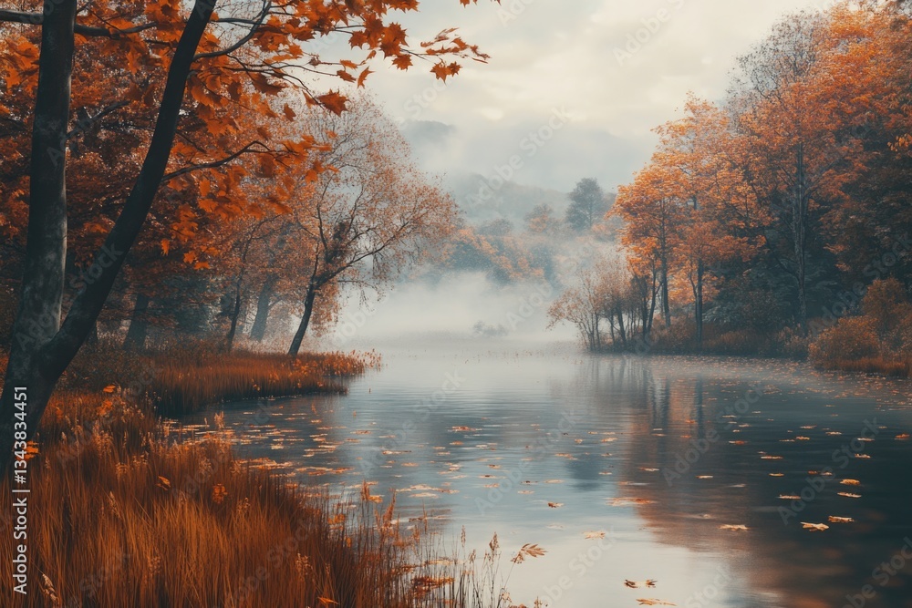 Fototapeta premium Foggy Lake with Trees and Grass