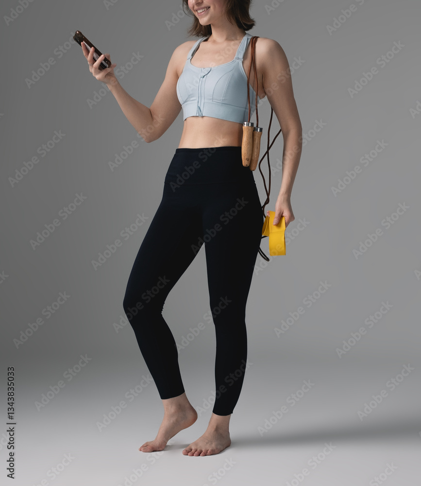 Athletic woman in sportswear preparing for a workout, holding a smartphone, resistance band, and jump rope. Athletic woman in sportswear preparing for a workout, holding a smartphone, resistance band, and jump rope.