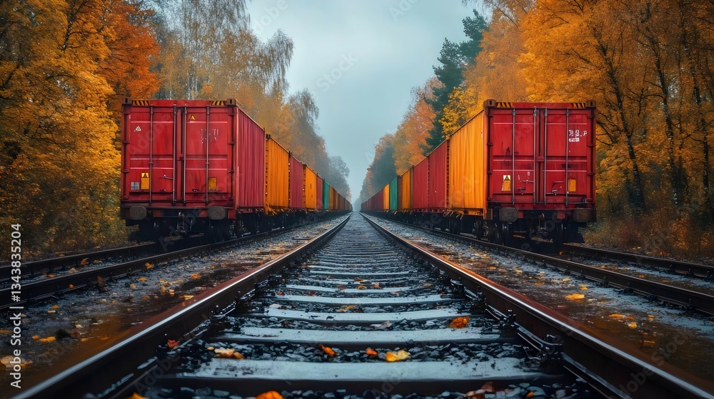 Fototapeta premium Two trains are on the tracks, one red and one yellow