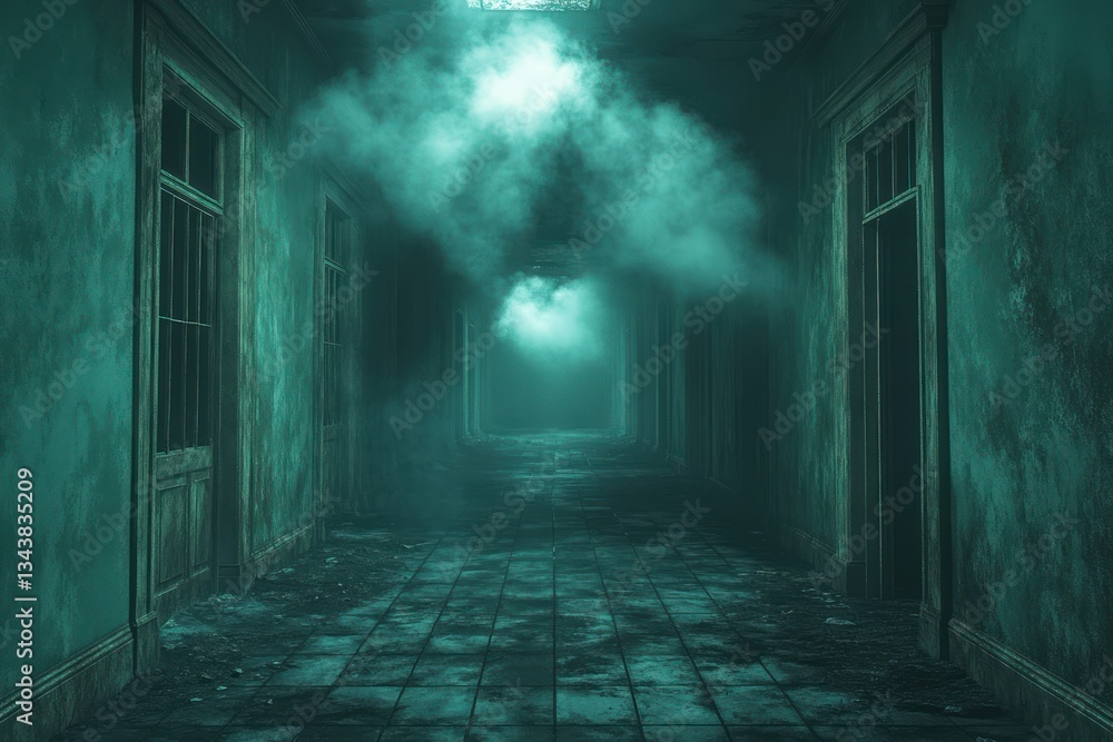 Creepy deserted hospital hallway illustration with eerie lighting and dramatic fog Creepy deserted hospital hallway illustration with eerie lighting and dramatic fog