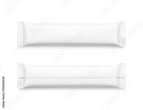 Realistic flow packaging mockup for bars, candies, waffles. Front and back views. Vector illustration on white background. Easy to use for presentation your product, idea, design. EPS10.