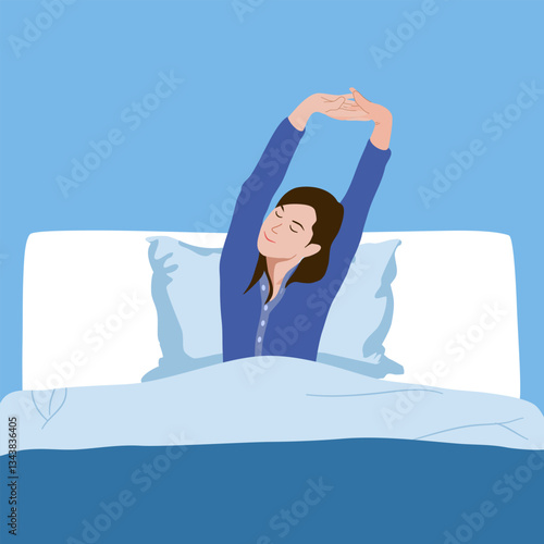 A happy woman woke up and stretched in bed. Good morning. Vector illustration in cartoon style.