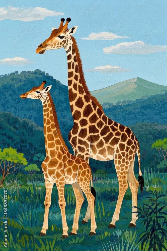 Obraz premium painting of two giraffes standing in a field with a mountain in the background