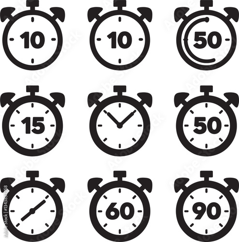 Timer, clock, stopwatch isolated set icons. Countdown timer symbol icon set. Label cooking time. Vector illustration.