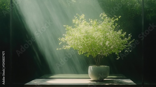 Sunlight streams through, illuminating a small potted plant.  Gentle light bathes the greenery, creating a peaceful scene