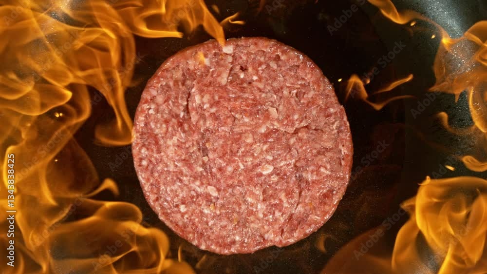 Hamburger Minced Raw Beef Steak Falling on Frying Pan with Flames. High Angle of View. Filmed on High Speed Cinema Camera, 1000 fps. Super Slow Motion. Hamburger Minced Raw Beef Steak Falling on Frying Pan with Flames. High Angle of View. Filmed on High Speed Cinema Camera, 1000 fps. Super Slow Motion.