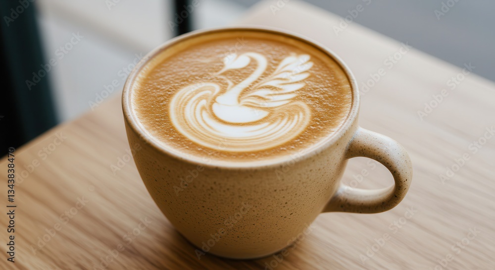 Latte Art Swan Design in Ceramic Cup on Wooden Table Latte Art Swan Design in Ceramic Cup on Wooden Table