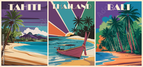 Set of travel destination posters in retro style. Tahiti, Thailand, Bali exotic landscapes vector colorful illustrations
