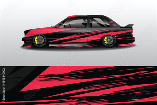 Sleek modified car with striking red and black design showcased against a minimalist background