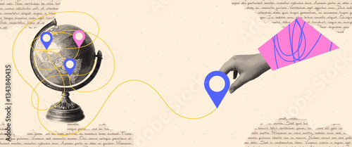 Modern conceptual halftone collage Travel and Tourism. Tourist trip in halftone. Retro poster. Vector.