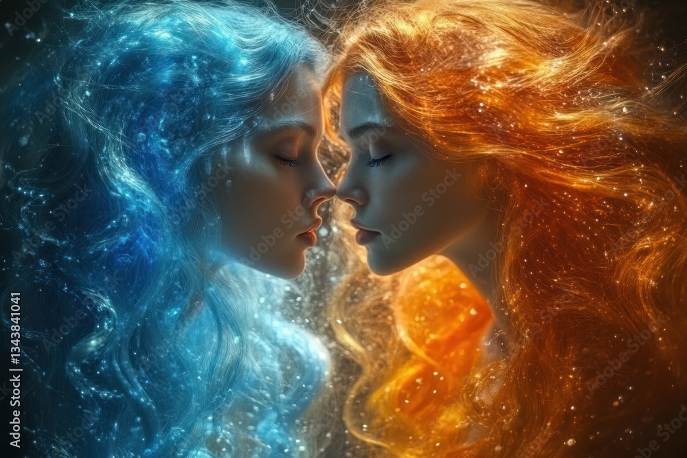 Naklejka premium Three Ethereal Mermaids Underwater Digital Art Hyper-Realistic Colorful Portraits