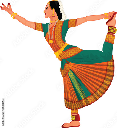 Beautiful Indian Classical Bharatanatyam Dancer Character Vector Illustration