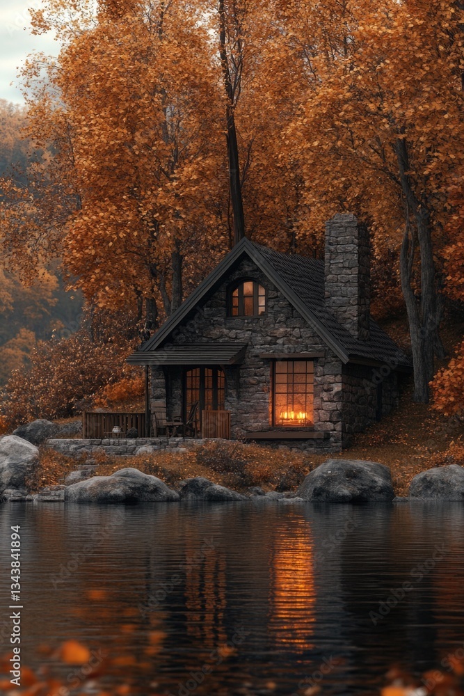 Fototapeta premium Lake Cabin Surrounding Trees