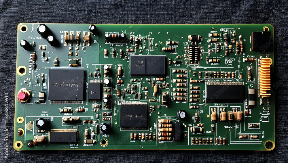 Fototapeta premium Detailed Close-up of a Green Printed Circuit Board with Various Components