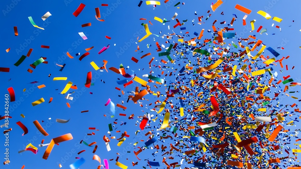 Colorful paper confetti is blown up against a bright blue sky Colorful paper confetti is blown up against a bright blue sky
