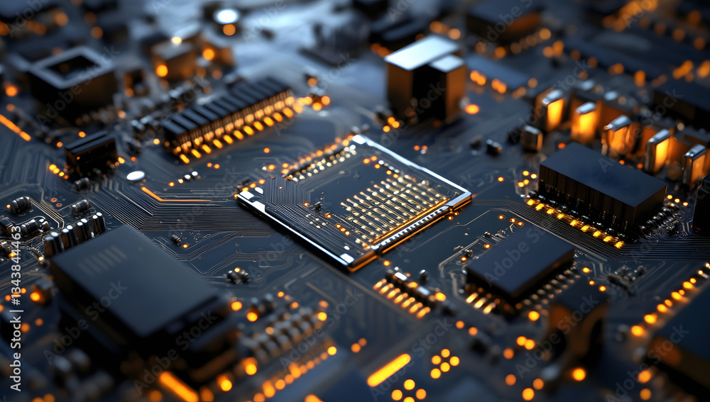 Close-up of Illuminated Circuit Board High-Tech Electronic Design Close-up of Illuminated Circuit Board High-Tech Electronic Design
