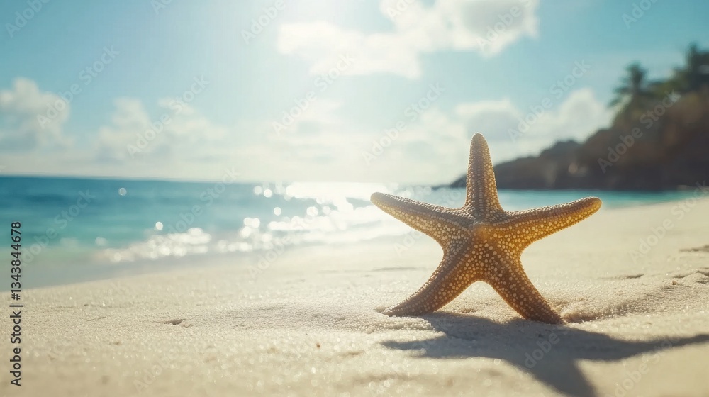 Starfish on Sandy Beach Under Bright Sunlight Near Ocean Waves Starfish on Sandy Beach Under Bright Sunlight Near Ocean Waves