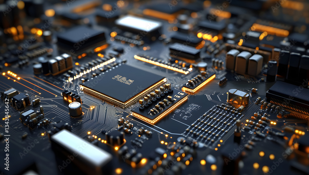 Glowing Circuit Board Close-up of Advanced Microchip Technology Glowing Circuit Board Close-up of Advanced Microchip Technology