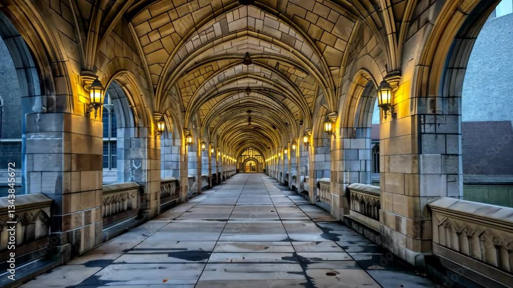 A stunning walk through a historic archway illuminated by warm lights, showcasing intricate architecture as dusk falls A stunning walk through a historic archway illuminated by warm lights, showcasing intricate architecture as dusk falls