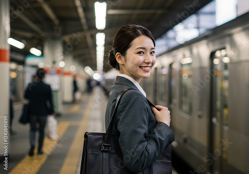 Smiling woman commuting on train, AI generated