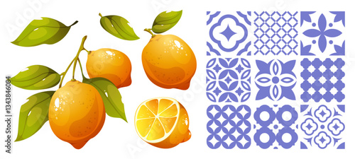 Lemons and blue Mediterranean tiles. Vector illustration of lemons and patterns for background, card, invitation and other designs