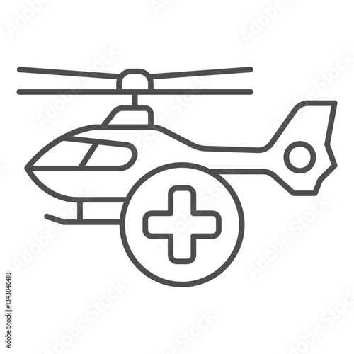 Rescue helicopter and cross bubble thin line icon, emergency service concept. Vector graphics. Flight vehicle human rescuer sign on white background, outline style icon for mobile or web design.