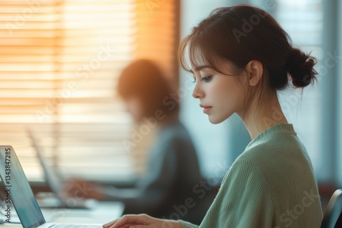 Free Download Business Woman Working in Serene Office Setting with Laptop and Coffee - GFXLoad