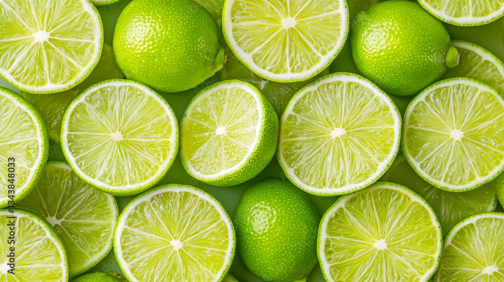 Fresh limes sliced and arranged on a bright surface Fresh limes sliced and arranged on a bright surface