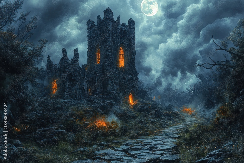 Fototapeta premium Haunted Gothic Castle Under Full Moon with Eerie Atmosphere and Glowing Windows