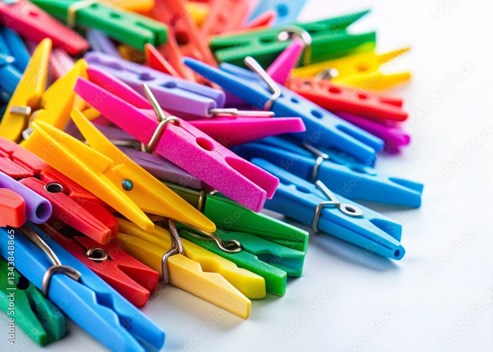 Colorful Plastic Clothespins on White Background - Craft Supplies & Laundry Clips Colorful Plastic Clothespins on White Background - Craft Supplies & Laundry Clips