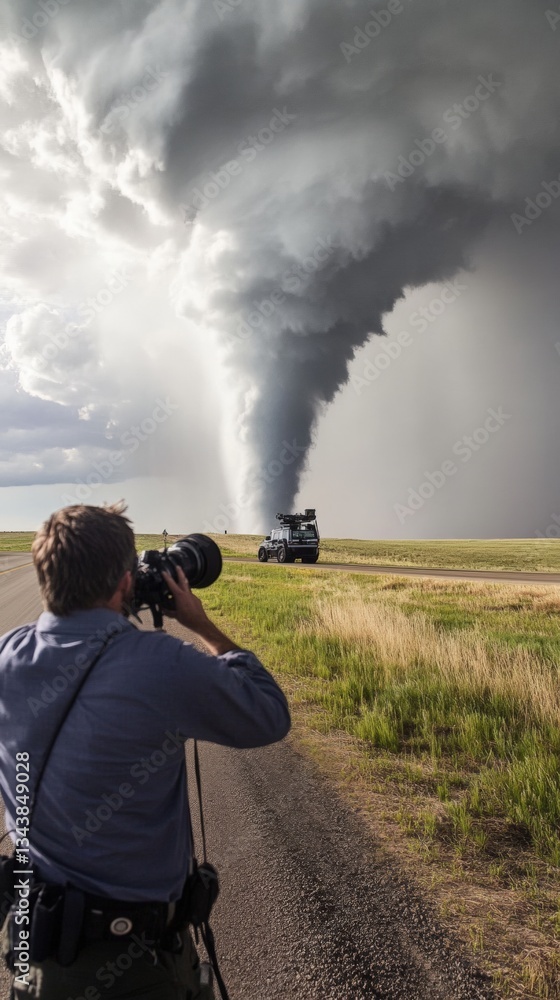 Obraz premium Storm chasers capturing a massive tornado near open plains under dark storm clouds in the late afternoon sky