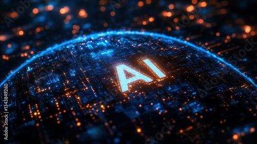 A glowing blue and orange image of a computer chip with the letters AI on it
