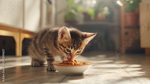 A small tabby kitten eats dry cat food in a room
