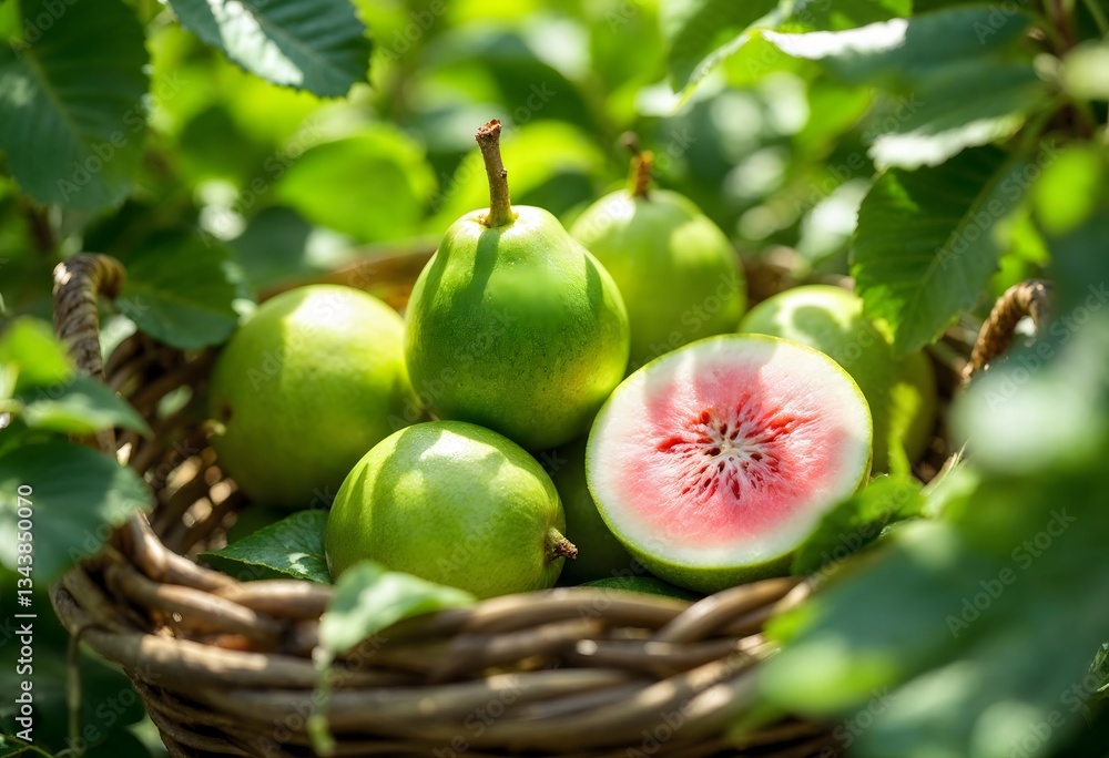 Fototapeta premium Green Guava with Pink Flesh in a Basket Surrounded by Lush Apple Plants