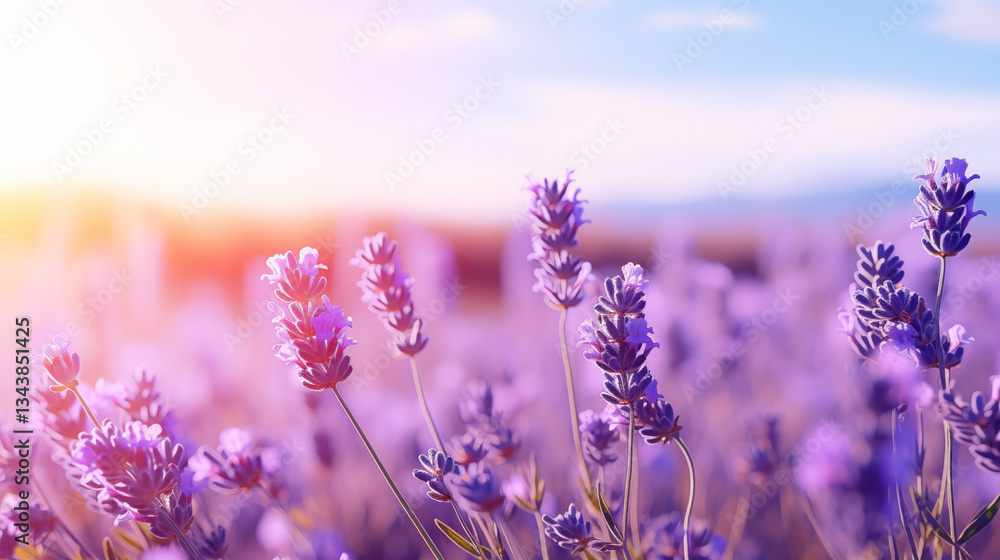 Naklejka premium filled with lavender under blue sky. blooming purple flowers under a sky