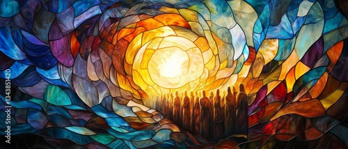 Colorful stained glass figures journey towards light.