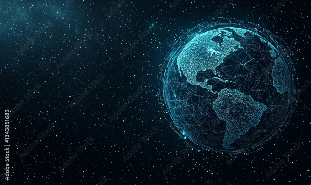 Fototapeta premium A blue, glowing digital Earth globe set against a black background illustrates the concept of digital technology and global networks through the representation of data transfer and connectivity as a